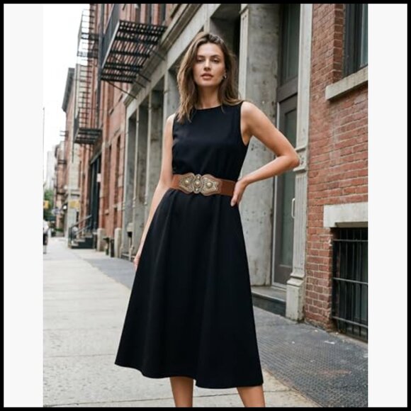 Wide Elastic Stretch Vintage Buckle Belt with Faux Leather Finish